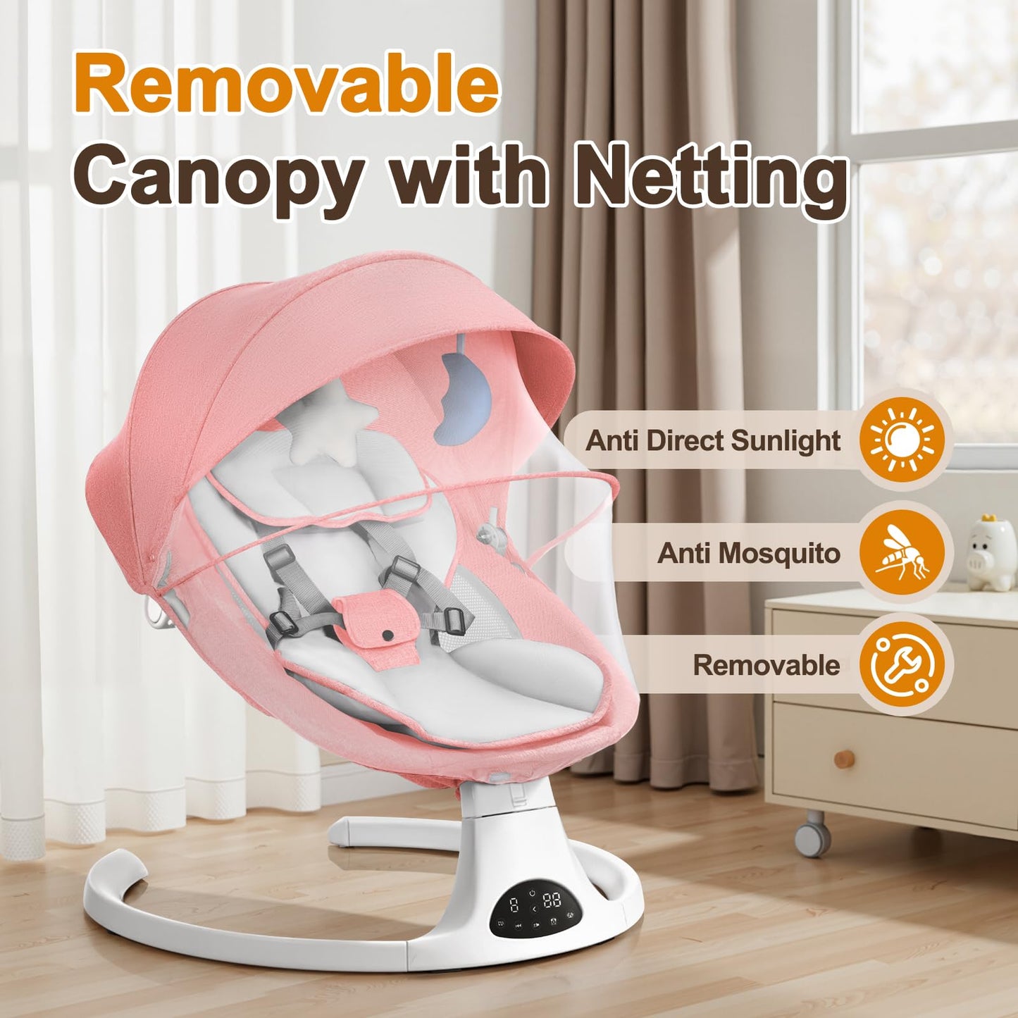 Baby Swing for Newborn to Toddler, 5 Speed Portable Infant Swing with Smart Touch Control, Remote Control, 10 Lullabies, Timer, 5 Point Harness and Soft Fabric (Pink)