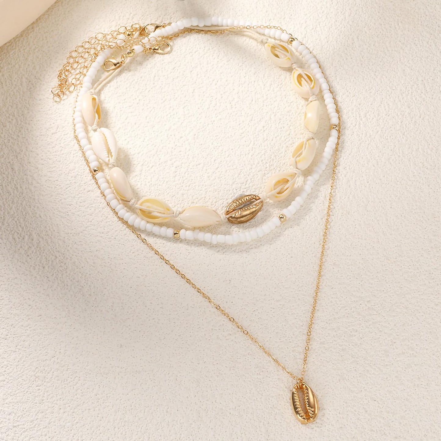 Nackiy Handmade Sea Shell Necklace Choker For Women Summer Adjustable Natural Shell Collar Necklace (Beige Braided Rope) (3 Layer)