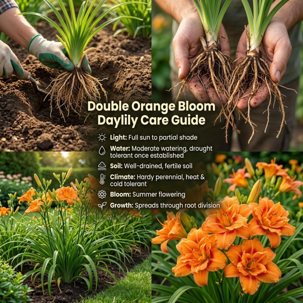 10 Orange Double Bloom Daylily Live Roots, Cold-Hardy Fragrant Perennial, Low Maintenance Exotic Flower for Garden Borders