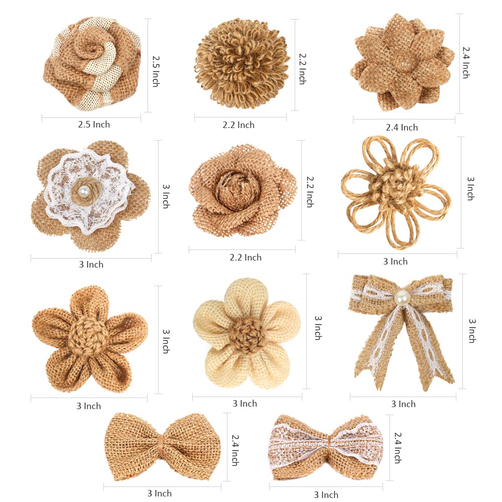 LEOBRO 33PCS Handmade Burlap Flowers Set, 8 Styles Rustic Artificial Flowers & 3 Styles Craft Burlap Lace Pearl Bowknot, for Wedding Home Decoration Christmas Party DIY Craft Bouquets