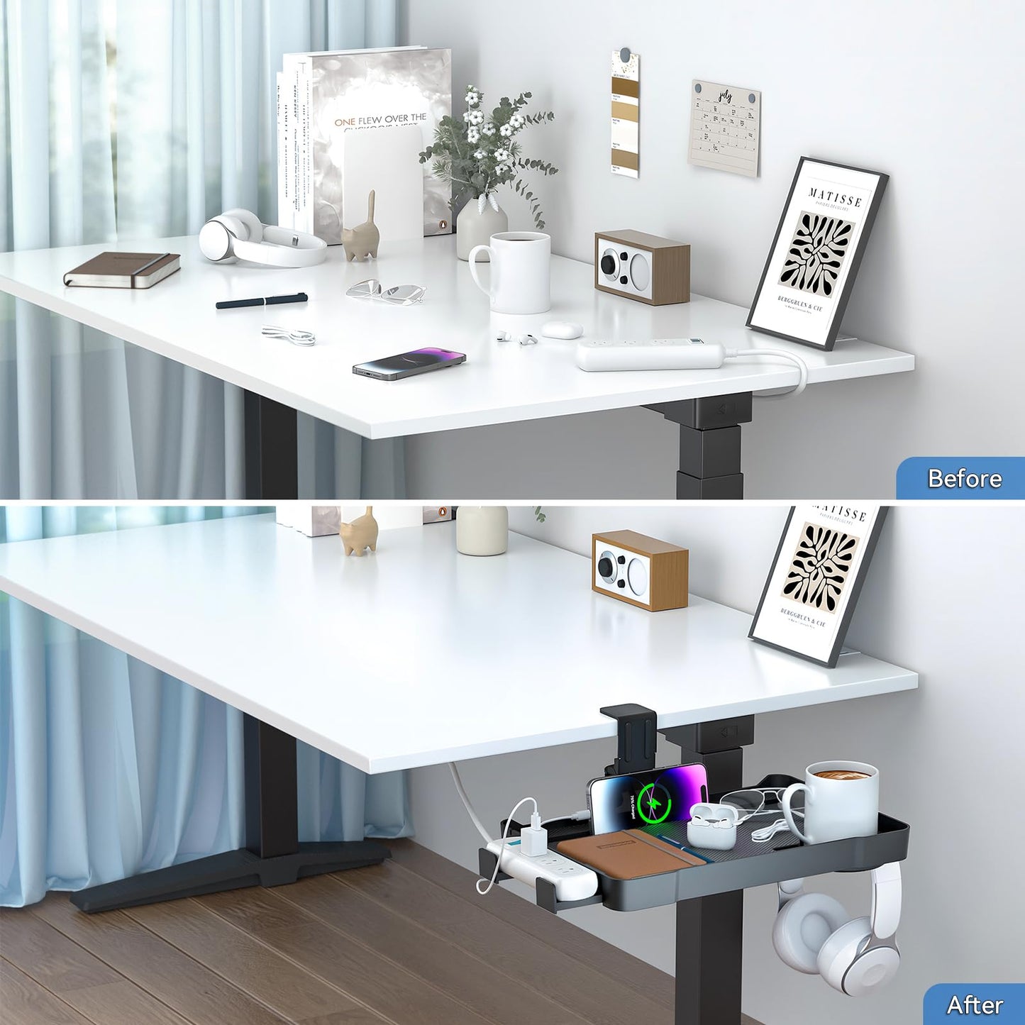 KDD Under Desk Organizer - 360° Rotating Clamp-On Tray with Headphone Hook, Phone & Tablet Holder, Cup Holder, and Cable Management - No Drilling Desk Storage Accessories for Office and Home