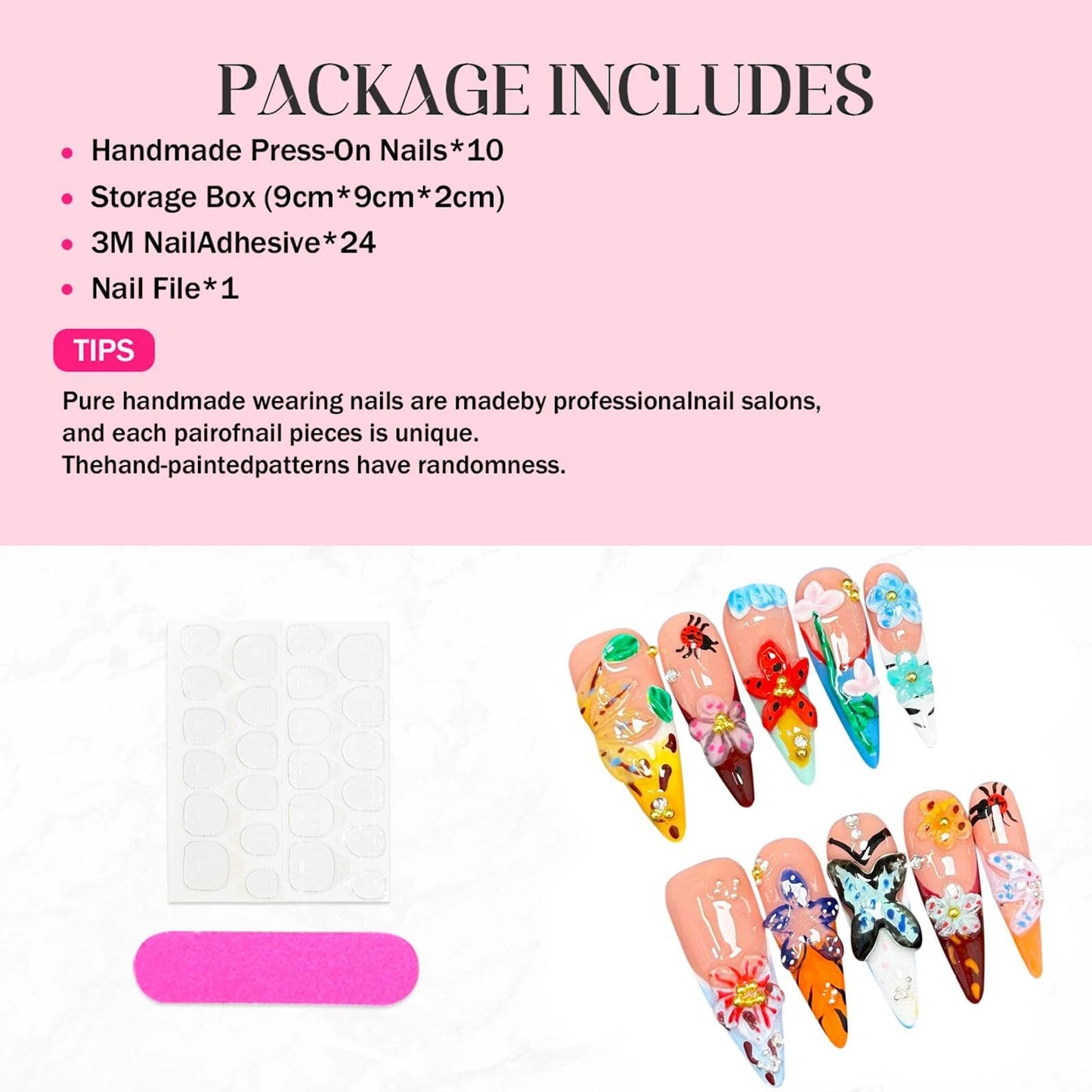 Handmade 3D Sweet Pastoral 3D Floral Stiletto Press On Nails, Playful Rhinestone Artisan Nails Set, Reusable Glossy Press-ons with Tool Kit(S)