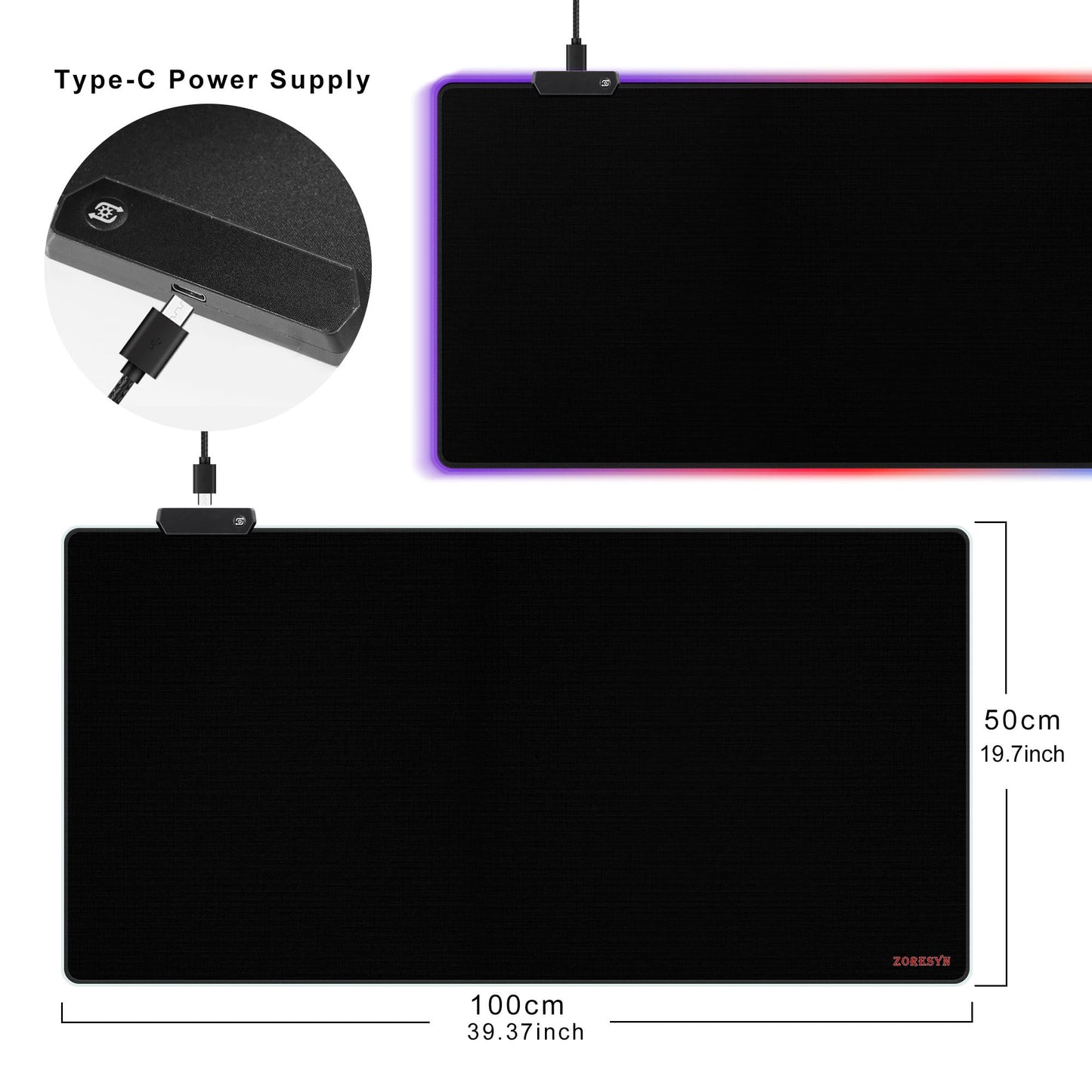 ZORESYN RGB Gaming Mouse Pad - 39.4"x19.7" Large Mousepad with Led Light, Keyboard Pad Gaming Accessories for Desk, Non-Slip Rubber Base Big Mouse Mat for Gamer,Black