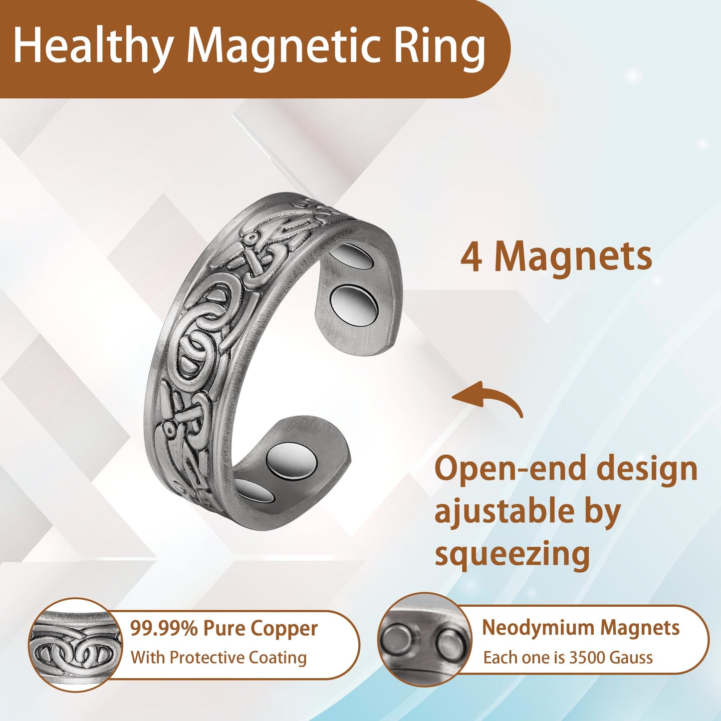 Pure Copper Ring for Women, Magnetic Rings with Magnets Jewelry (Copper Ring B)