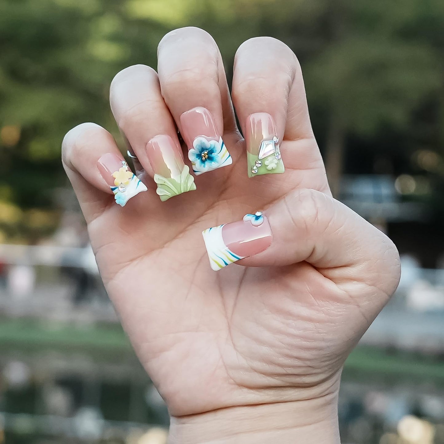 Tesytto 10Pcs Handmade Press on Nails Short Duck Nails Press ons Green French Tip with 3D Floral Rhinestone Design Stick on Nails for Women Nails Art (Whisper in Blush & Mints,S)