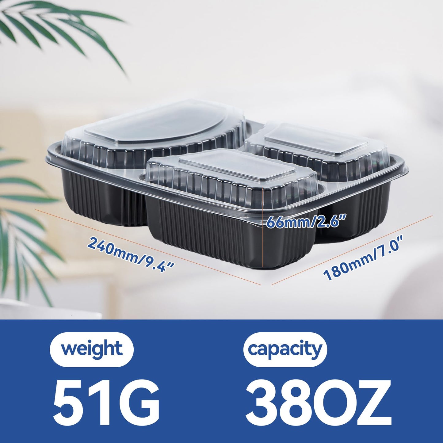 EKOSAVOR Take Out Containers 38 oz 40 Pack - Shrink Wrapped 3 Compartment Leakproof Catering | BPA Free PP Plastic Microwave & Freezer Safe | Flexible Reusable Commercial Black Lunch Boxes with Lid