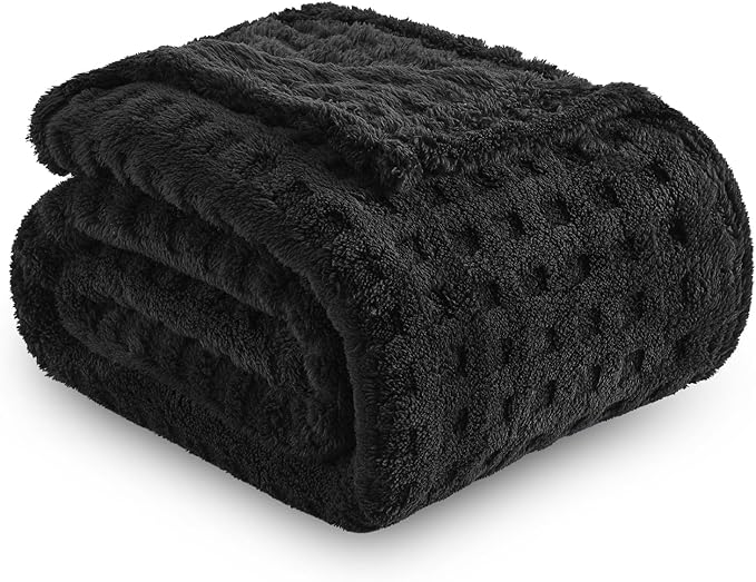 NEWCOSPLAY Super Soft Throw Blanket Black Premium Silky Flannel Fleece 3D Waffle Checkered Lightweight Bed Blanket All Season Use (Black, Throw(50"x70"))