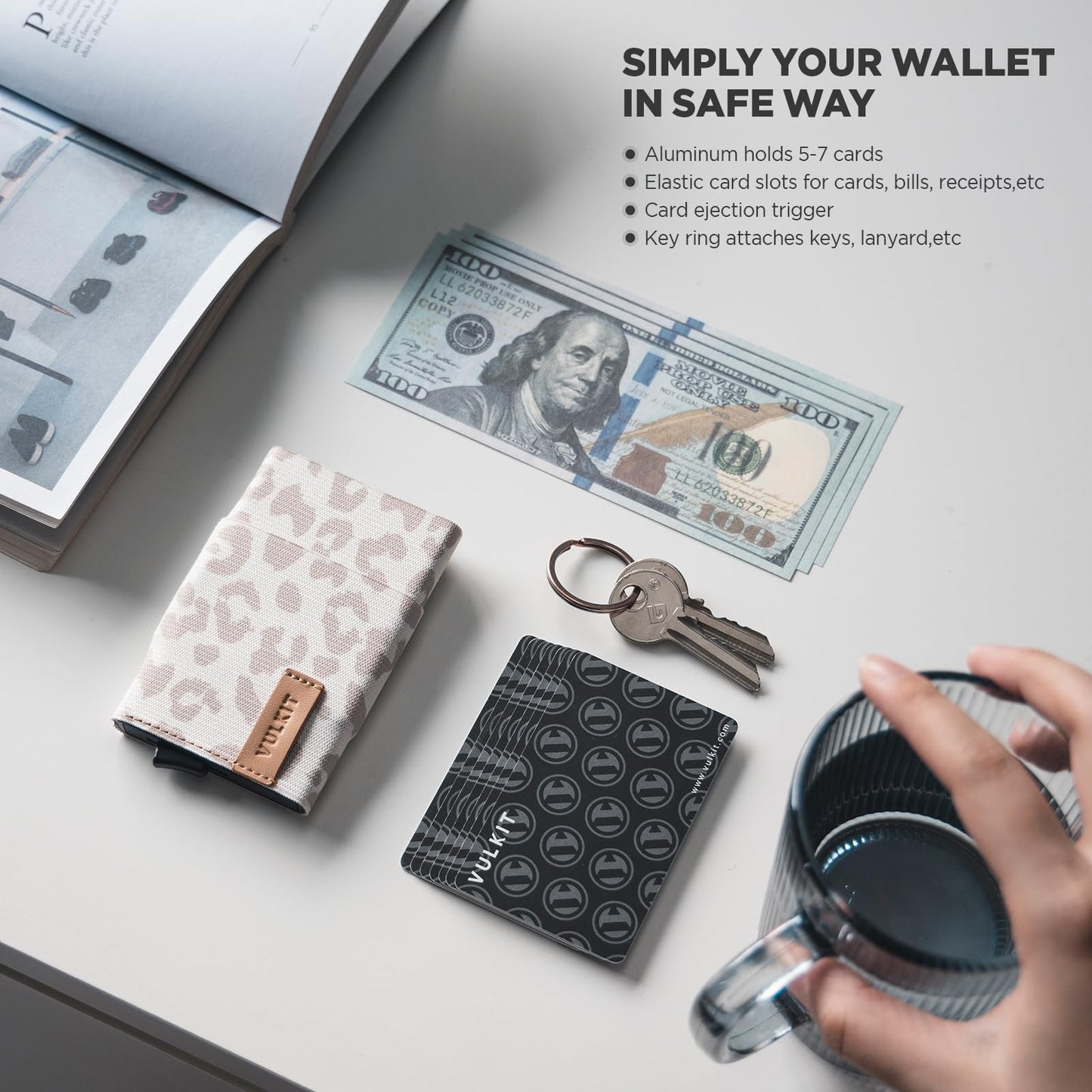 VULKIT Pop up Wallet for Women with Keychain, RFID Blocking Minimalist Slim Credit Card Holder for Gift Leopard Khaki