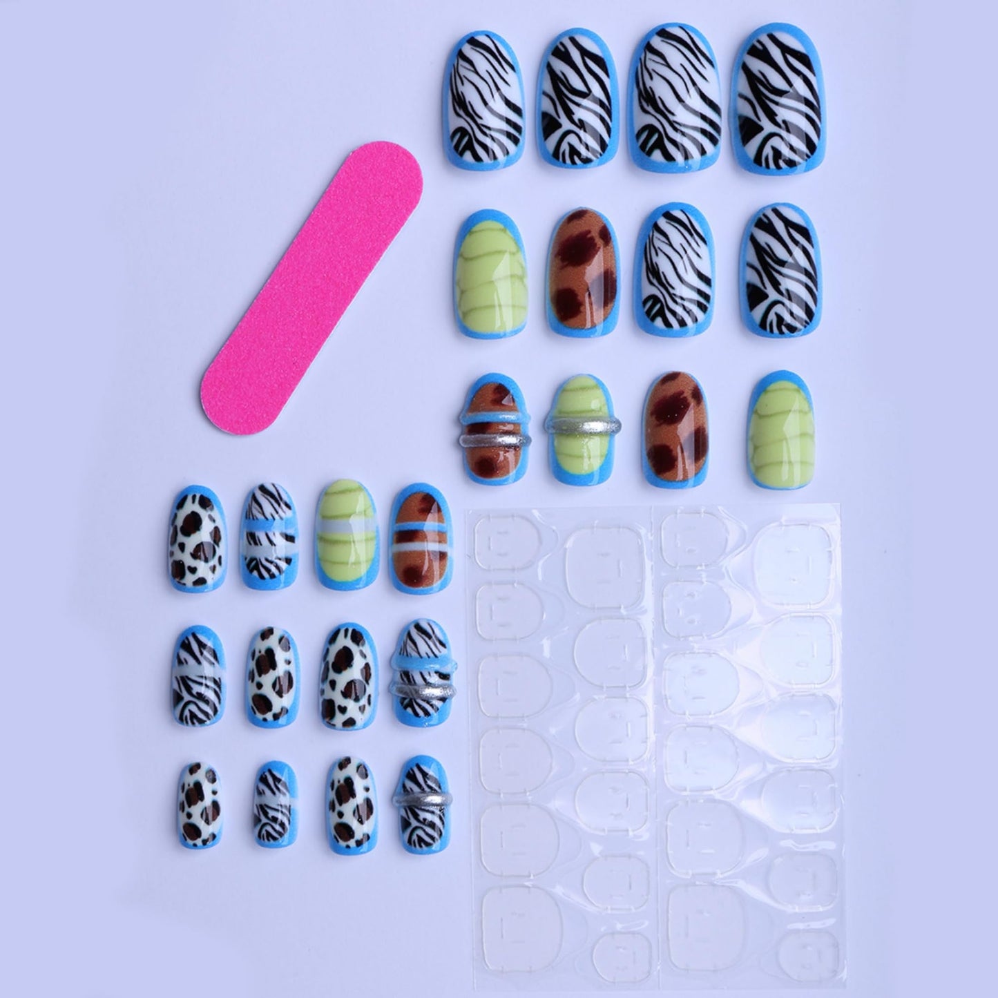 Short Press on Nails Oval Fake Nails Blue Artificial Nail Tortoise Shell Designs Stick on Nail with Leopard Pattern for Women 24pcs