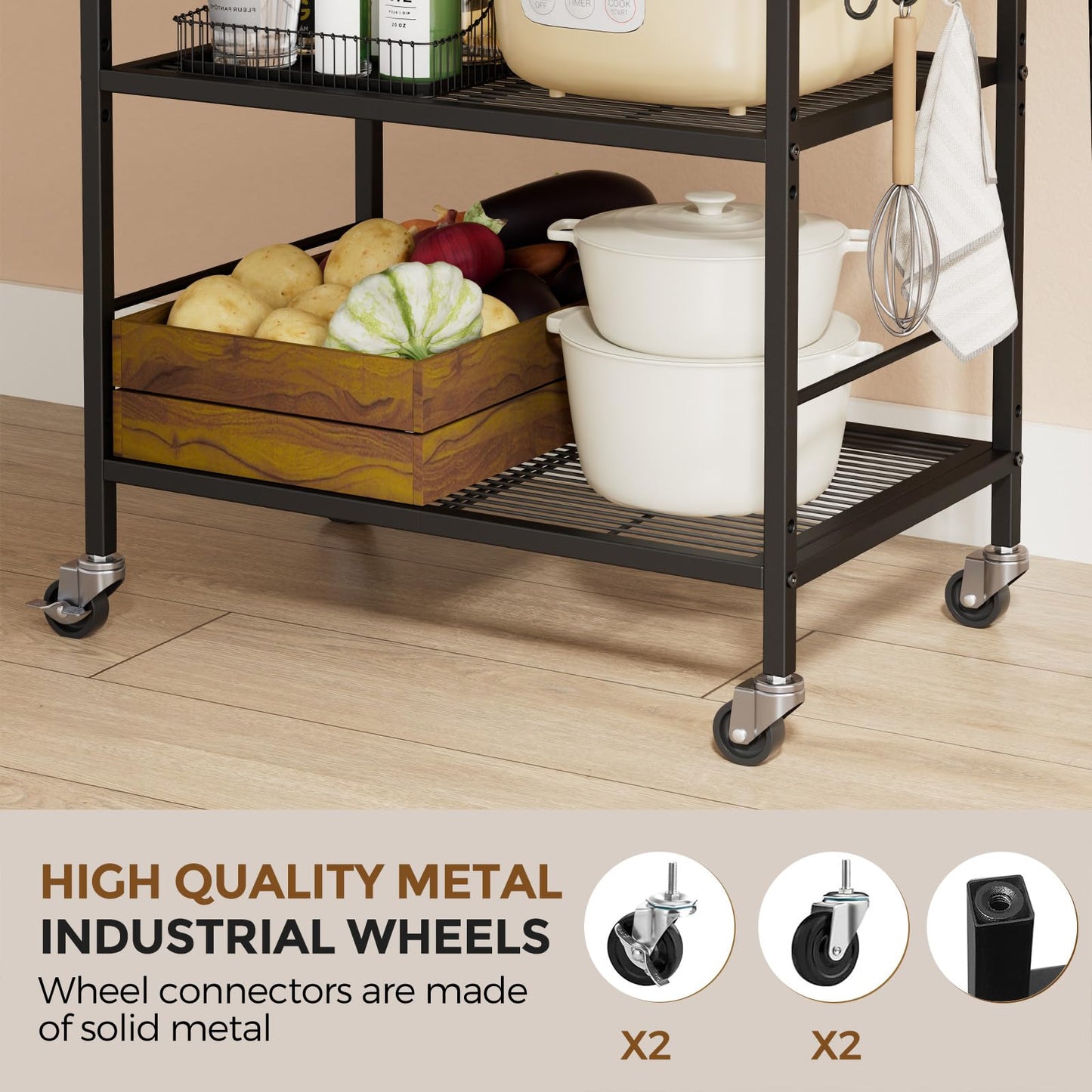 XIVIRACK 3-Tier Metal Storage Rack with Industrial Wheels,Mesh Shelving Unit with Wooden Table top,Adjustable Shelf,23.6-Inch Width,15.8-Inch Depth, for Kitchen, Laundry,Pantry,Plant,Black panel