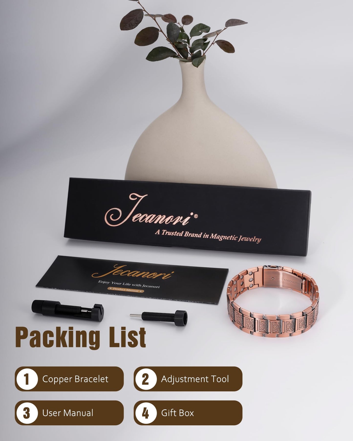 Jecanori 3X Strength Copper Magnetic Bracelet for Men,Pure Copper Bracelet Included Sizing Tool, Ideal Gift