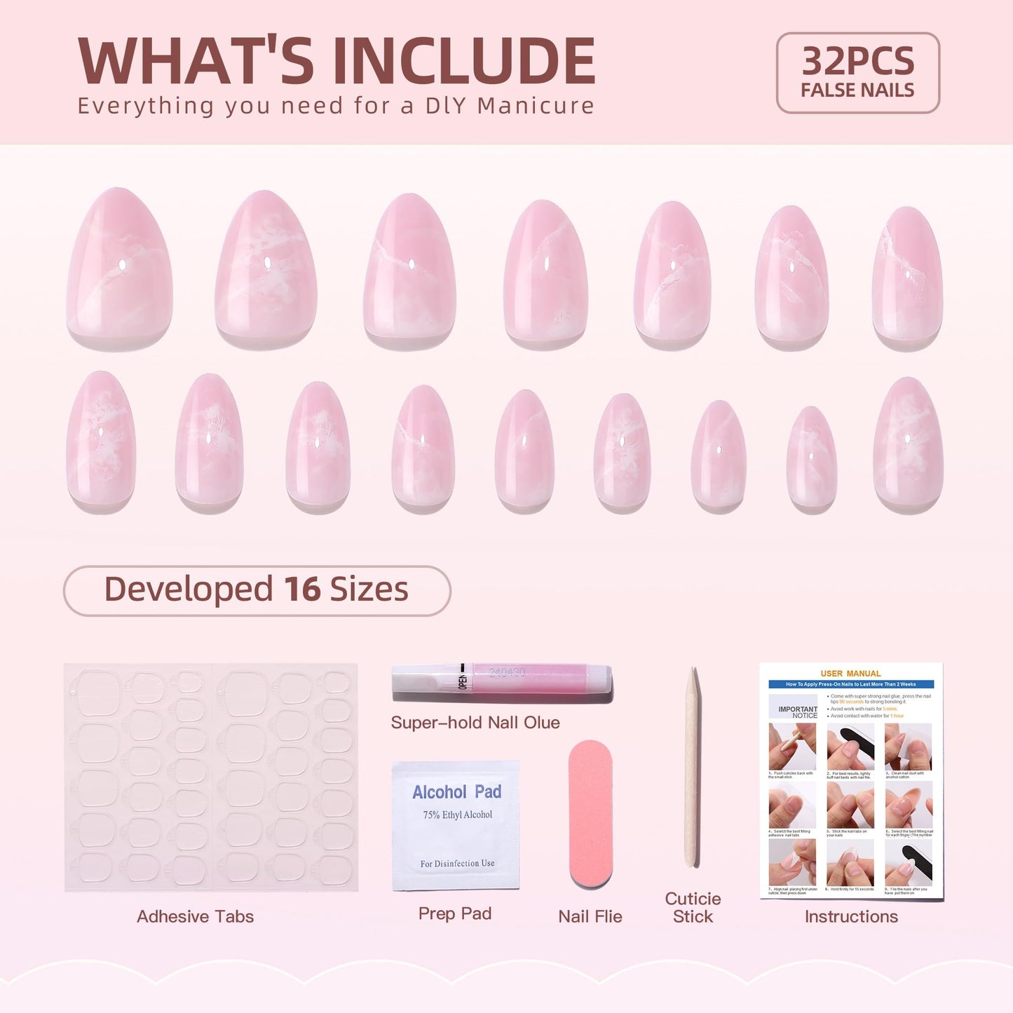 RTKHFZE Press on Nails Short-Pink Marble Press On Nails Almond,Short Fake Nails with Glue,Almond Stick On Nails,Glue On Nails in 16 Sizes - 32 Pcs Soft Gel Fake Nails Kit for Gift Idea