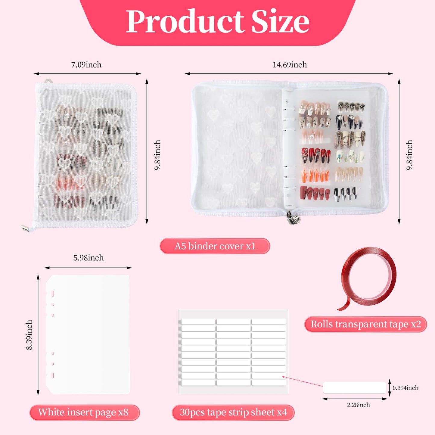 ASTONFOG Press On Nail Storage Organizer Binder with 8 Insert Pages - A5 Size & Double Sized Tape, Press on Nails Display Storage Book, Reusable Fake Nail Swatch Collecting Book (White)