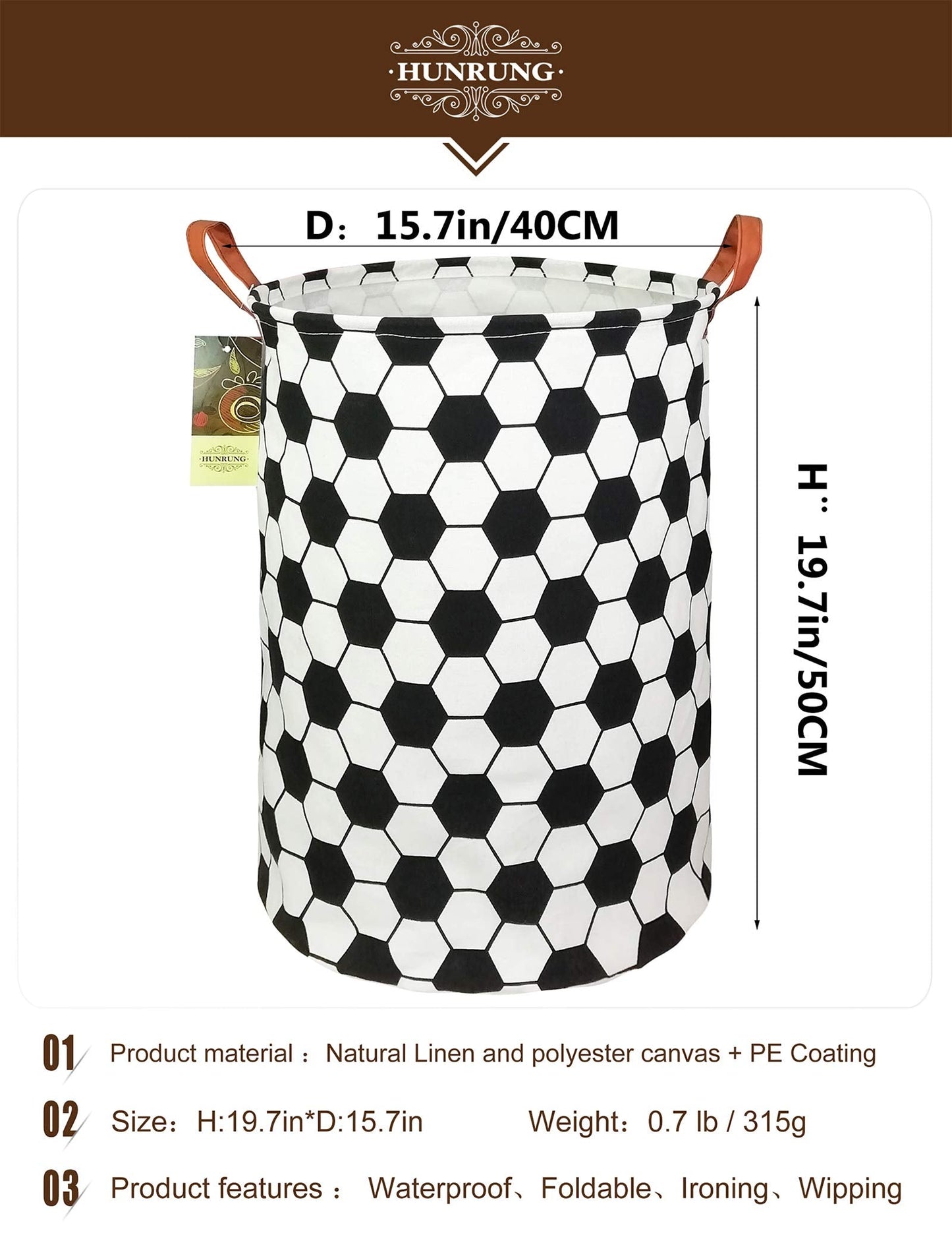 HUNRUNG Collapsible Fabric Storage Basket, Waterproof Laundry Hamper with Handles, Round Storage Bin for Clothes Toys, Foldable Organizer for Bedroom Nursery Bathroom(Roud-Football)