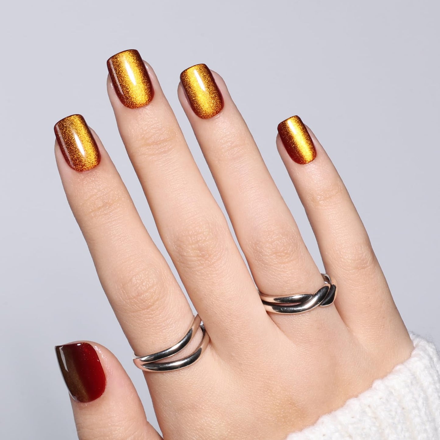 Leefrei Brown Cat Eye Press On Nails - Short Square Press on Nails Press Ons for Women, Reusable Glossy Fake Nails Kit with Glue DIY Nails Short in 15 Sizes - 30pcs, Amber Mocha