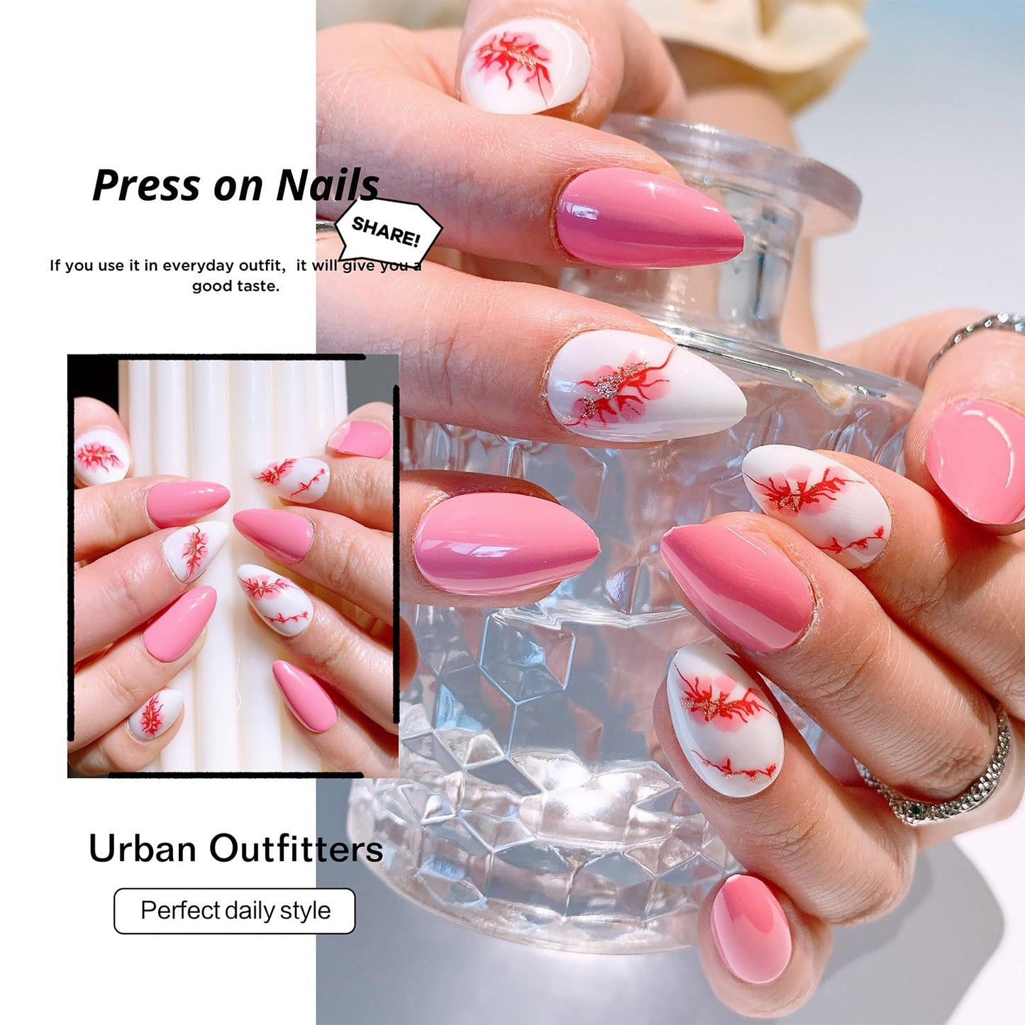 Press on Nails Almond Short Pink Flower False Nails with 3 D Gold Glitter Designs Pink Full Cover Removable Glossy Acrylic Glue on Nails Natural Stick on Nails for Women 24 Pcs
