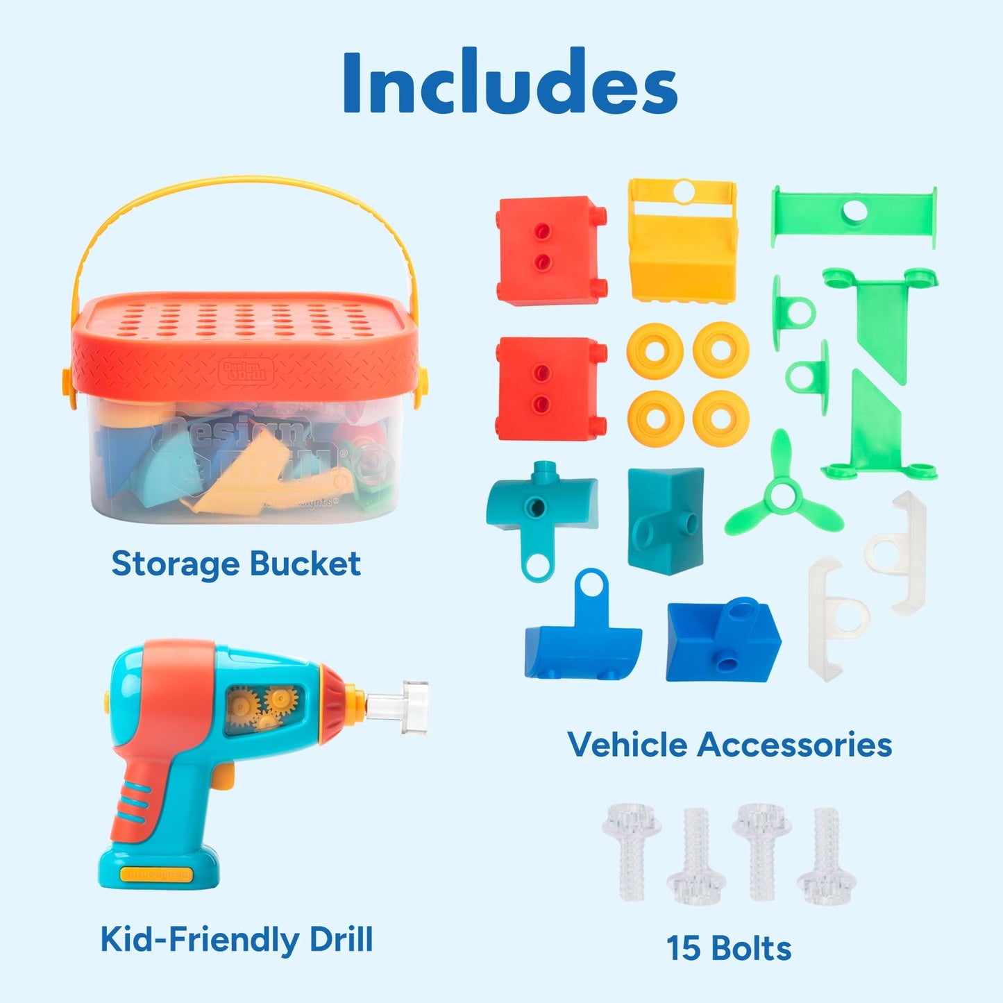 Educational Insights Design & Drill Build-It Bucket - Vehicle Building Toys for Toddlers 3-5, Construction Toy Set with Real Working Electric Drill Toy, Take Apart STEM Toys for 3+ Year Old