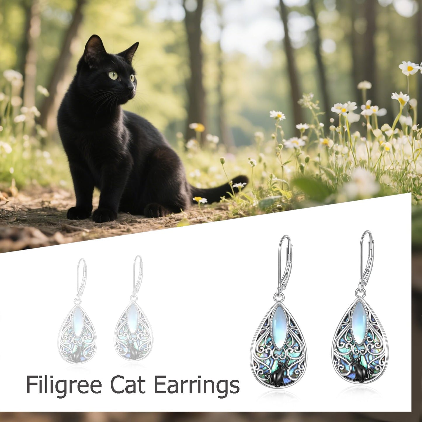 Cat Filigree Earrings Sterling Silver Teardrop Abalone Shell Drop Dangle Earrings Filigree Leverback Earrings Jewelry