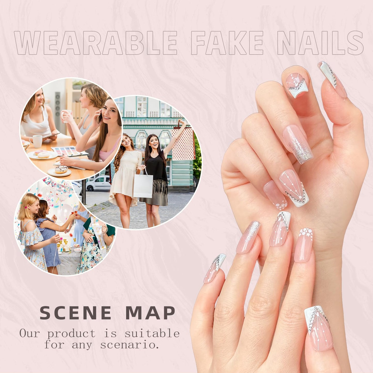 Luxury Handmade Press-on Nail Art – 3D Rhinestone Silver Glitter False Nails，Nude Gradient French Acrylic Nails， Reusable Self-Adhesive White Fake Nails.(M-10PCS)