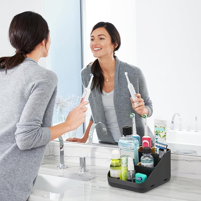 Chintu Toothbrush Holders Bathroom Countertop Organizer-Electric Tooth Brushing Holder 6 Slots Toothbrush Caddy for Counter Organization Kids Family Toothpaste Holder for Vanity Storage Black