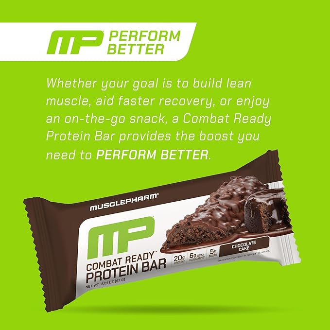 MusclePharm Combat Sport Bar, Chocolate Cake Flavor High Protein Bars, Combat Cravings, Fuel Performance & Meet Energy Demands, 20g Protein from Whey Protein, 5g Fiber, Gluten Free, 12 Bars
