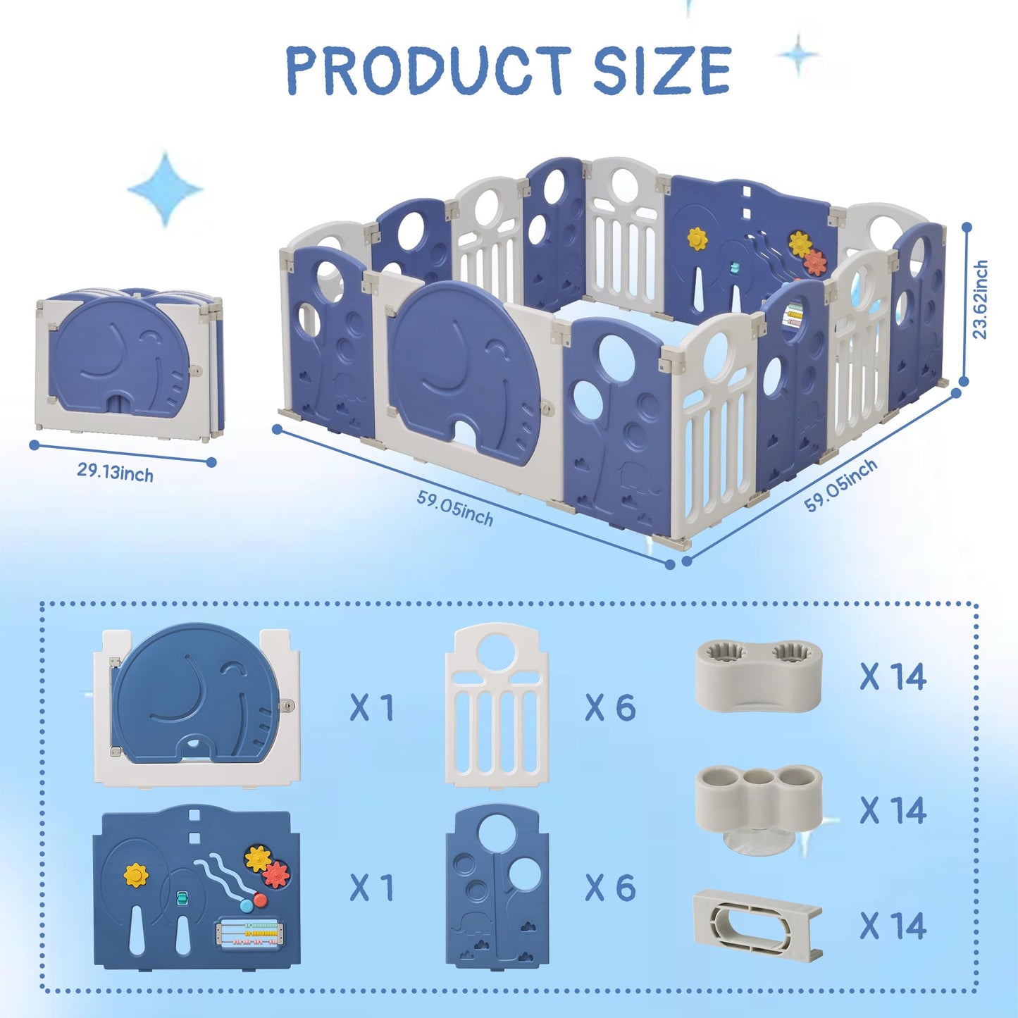HAPPYMATY Baby Playpen, 14-Panel Foldable Play Pen for Babies and Toddlers, Indoor Outdoor Baby Fence with Sensory Play Panel, Adjustable Shape Activity Play Center, Portable & Easy Assemble