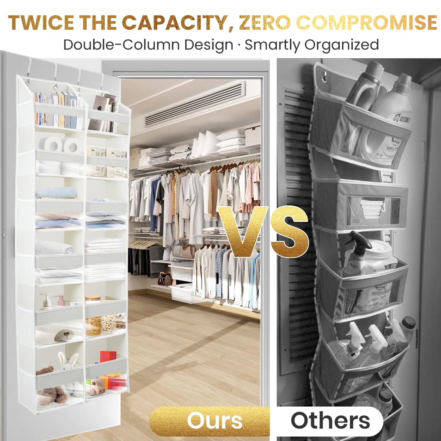 HOMELUX THEORY UPGRADED 6 Tiers Over The Door Organizer Hanging - 100D EXTRA THICK & 50lbs HUGE CAPACITY, 12 Side Mesh Pockets Over The Door Shoe Organizer, Hanging Closet Organizer (Light Gray, XL)