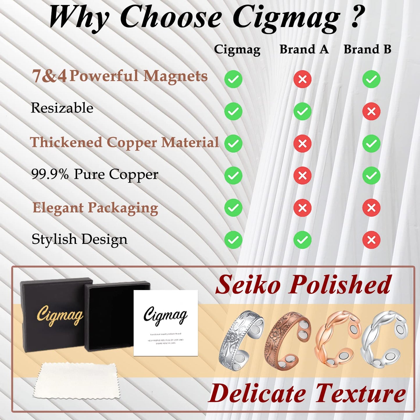 Cigmag 4PCS Copper Rings for Women Pure Copper Magnetic Ring Strong Magnet Adjustable Thumb Fingers Ring
