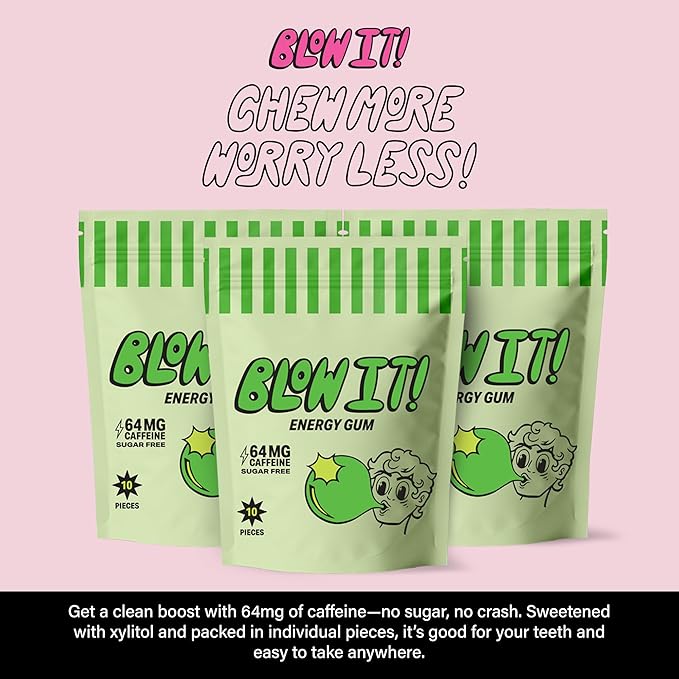 Blow It - Caffeinated Xylitol Gum - Intensified Energy and Focus Boost Effect - Green Coffee Bean Infused Sugar Free Gum - Zapple Flavor - 3-Pack (30 Pieces)