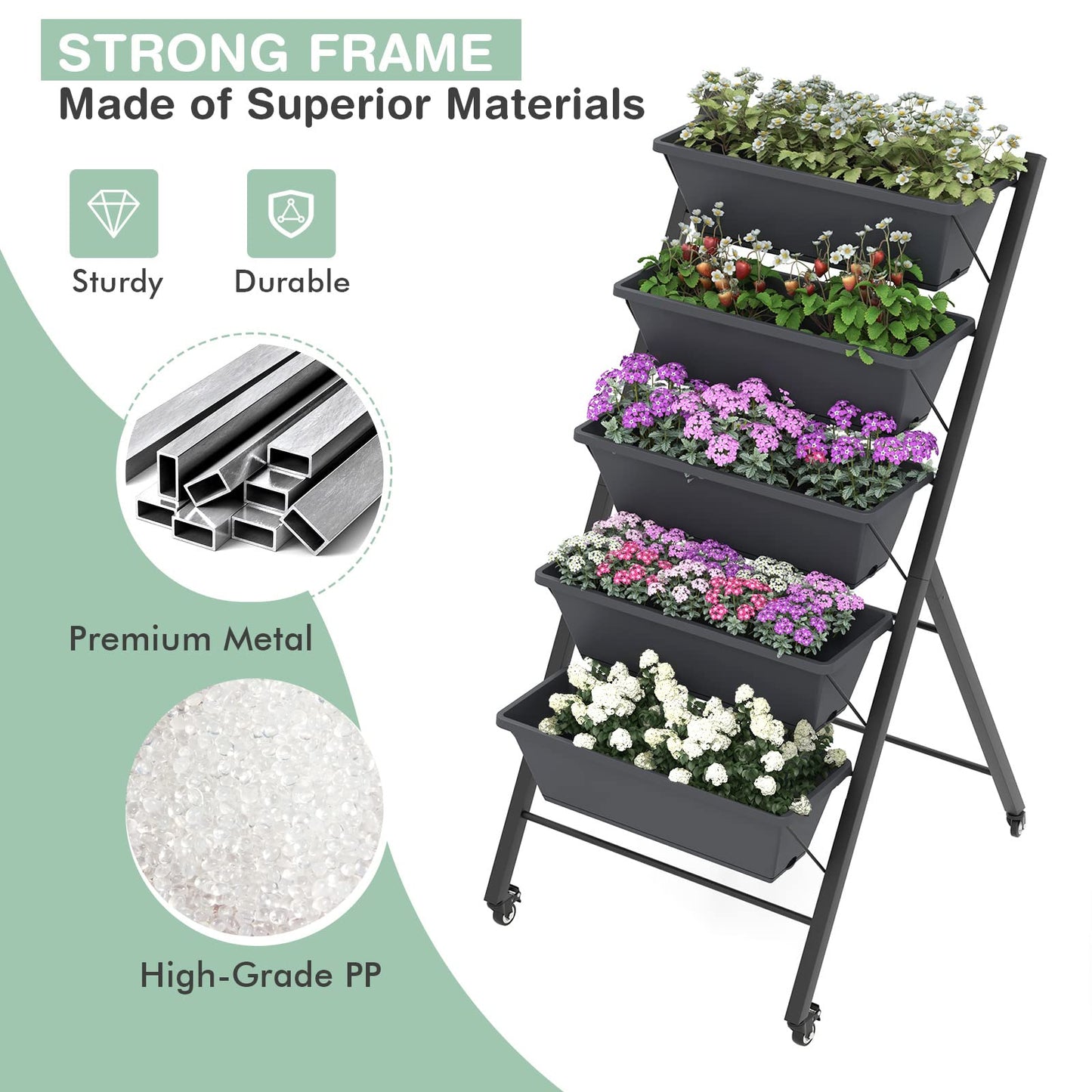 S AFSTAR 5-Tier Vertical Garden Planter, Raised Garden Bed with 2 Lockable Wheels, 7 Removable Planter Boxes, Metal Frame, Indoor Outdoor Elevated Planting Box for Flower Vegetables Fruit Herbs