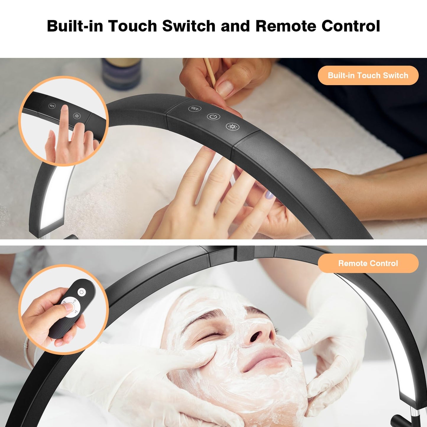 Mznoo Nail Light for Desk, 30'' LED Half Moon Lamp for Nail Techs, Manicure and Handicraft, Adjustable Color Modes and Brightness, with Phone Holder (Black)