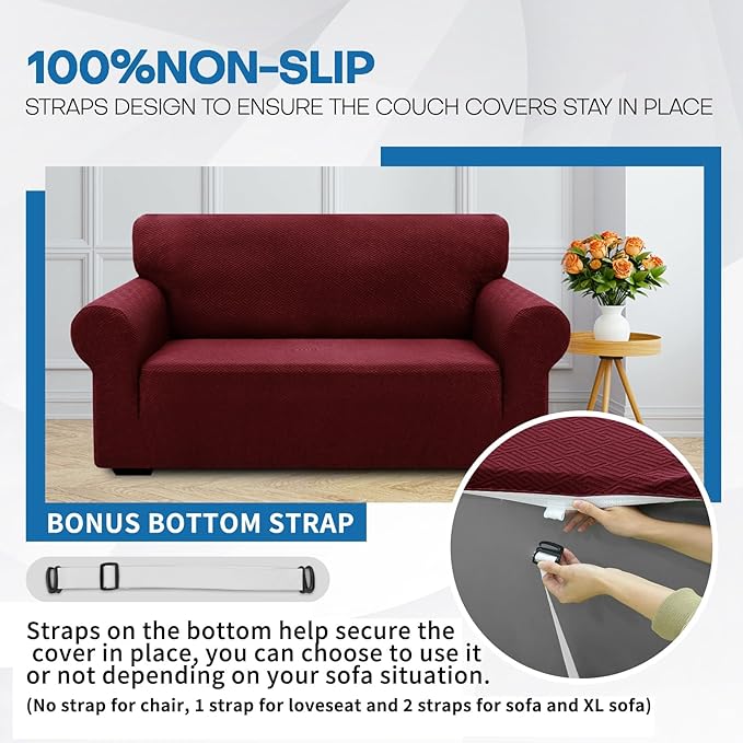 XINEAGE 2026 New Extra Large Couch Cover for 3 Cushion Couch (91"-110") 1 Piece Stretch Oversized Sofa Slipcovers Jacquard 4 Seater Furniture Protector Elastic Bottom for Kids,Pet (XL Sofa, Wine Red)