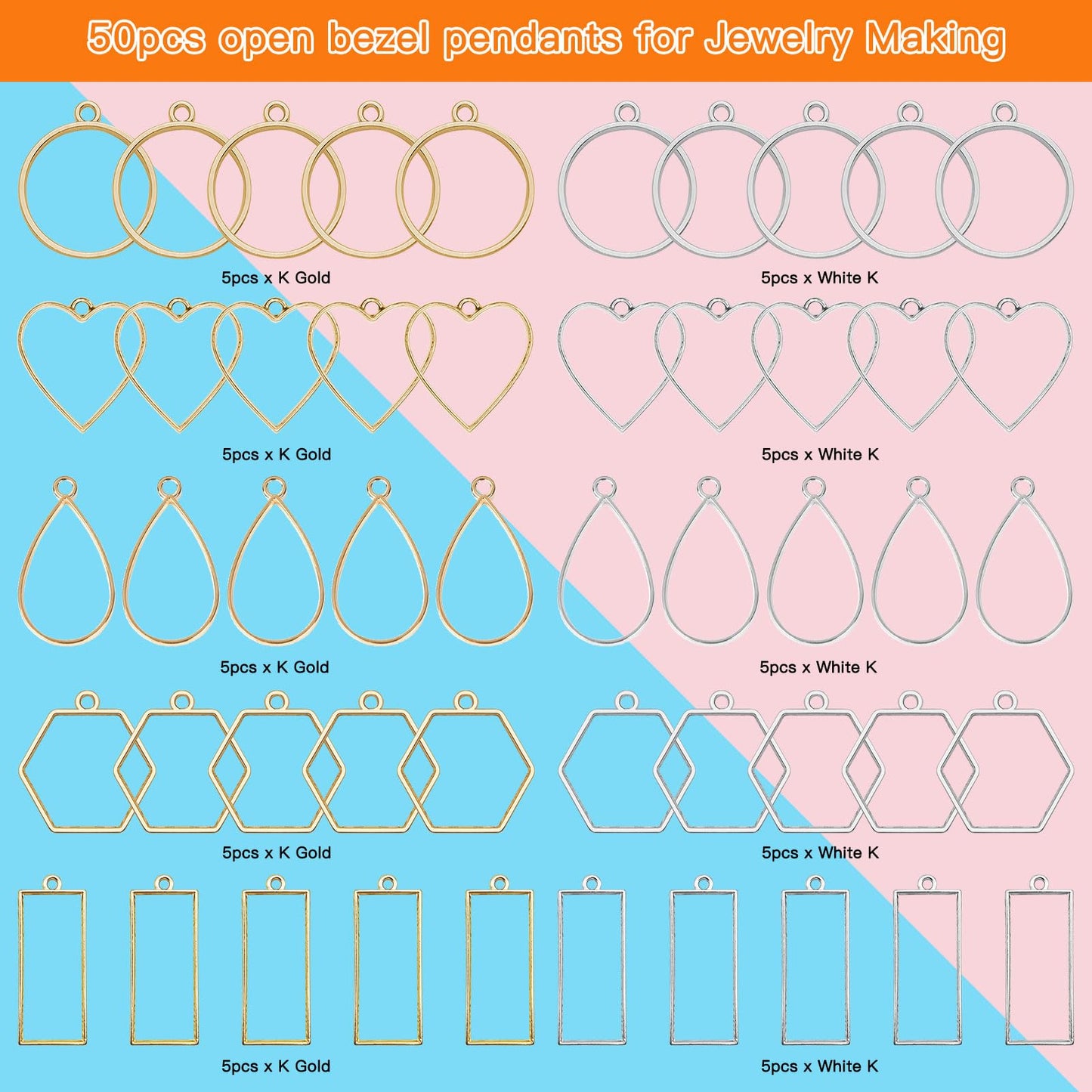 50pcs Open Bezel Pendants 5 Styles Hollow Bezel Pendants Open Frame Pendant Geometric Pressed Flower Frame for Resin Casting, Necklace, Earrings, Pressed Flower, DIY Crafts(K Gold,White K)