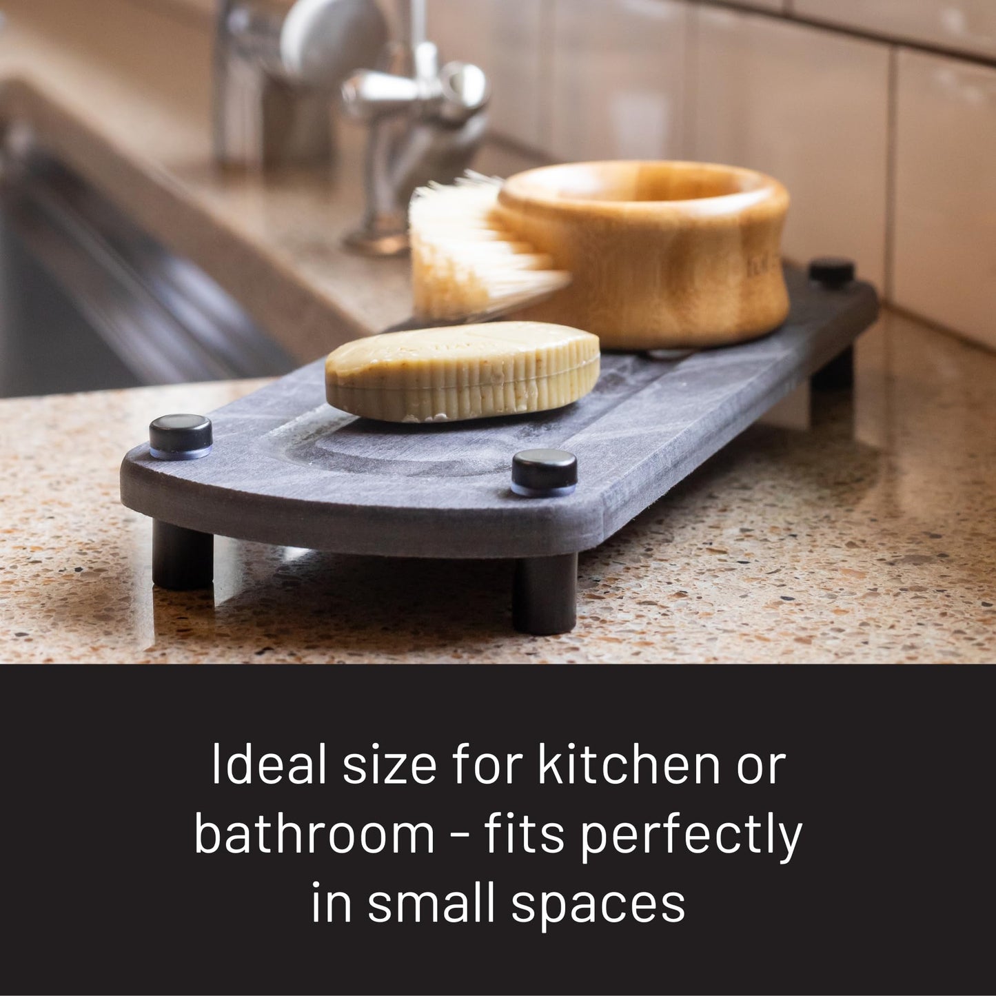 Siren Stone Premium Sink Caddy – Water-Absorbing Diatomaceous Earth Tray for Sink, Elevated Stainless Steel Feet, Non-Toxic, Fast-Drying, Kitchen or Bathroom
