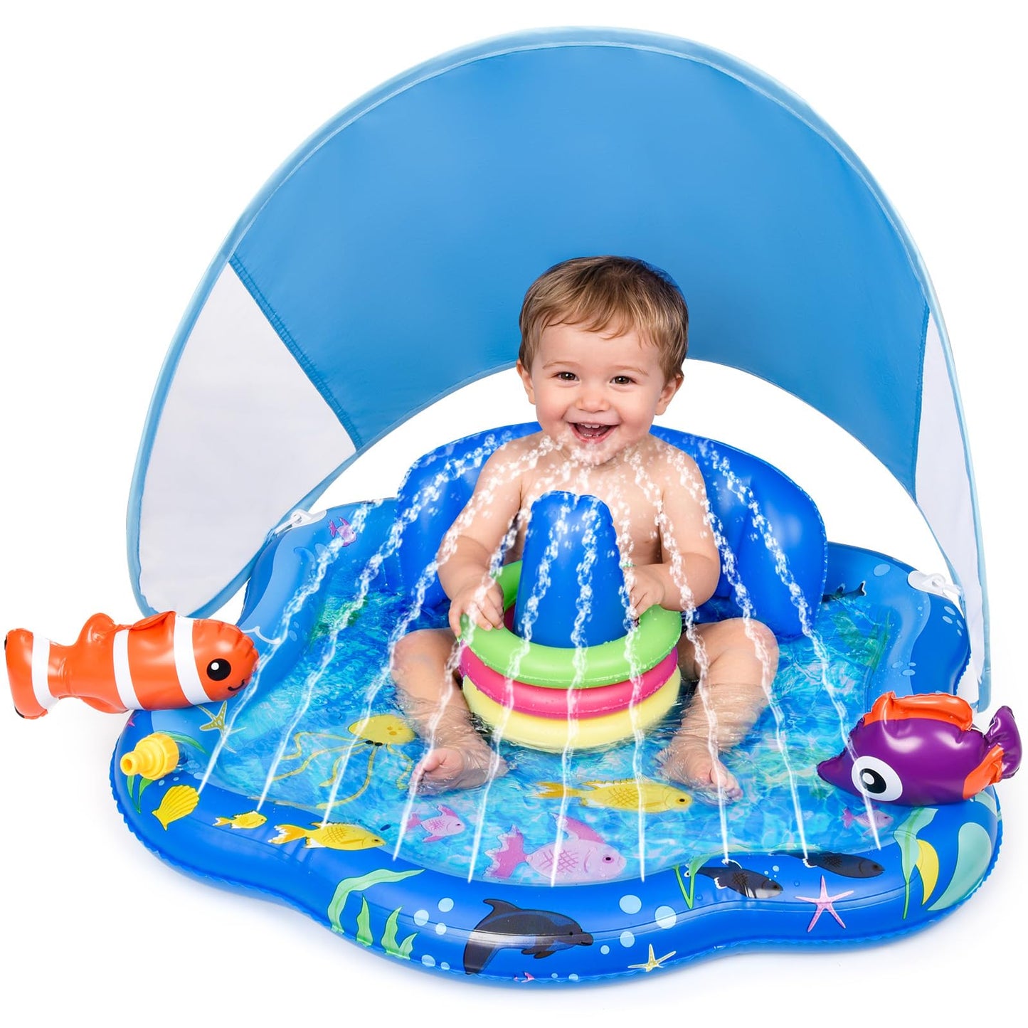 Baby Pool Float with Sprinkler, Inflatable Baby Splash Pad with Stackable Rings Game, Baby Splash Mat with Canopy & Backrest for Toddlers Garden, Beach, Backyard and Bathroom (Blue)