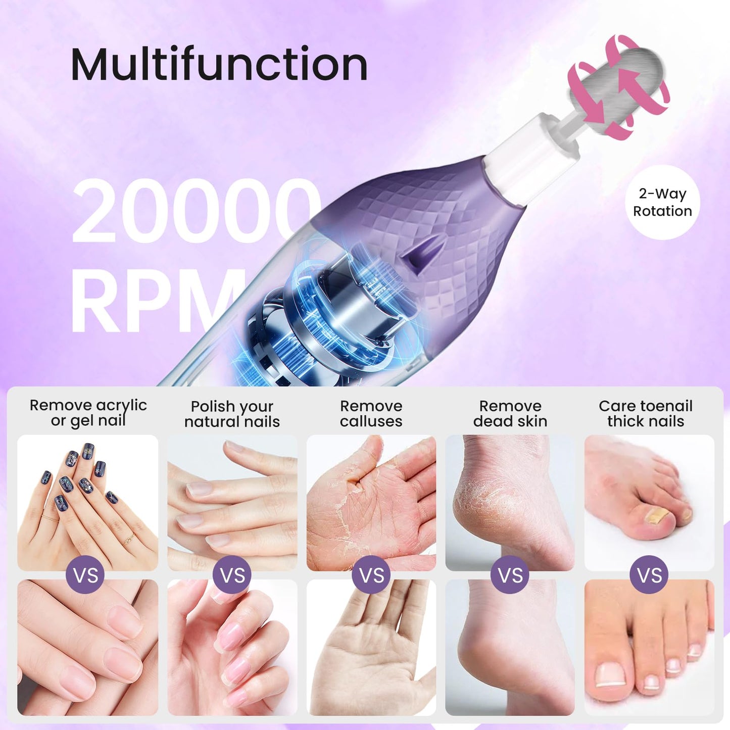 36-Piece DW2180 Professional Manicure Pedicure Kit,Electric Nail File Set with 12 Attachments,Cordless Electric Nail Drill Machine,Nail Grinder for Thick Toenail, Pedicure Tools for Feet Hand