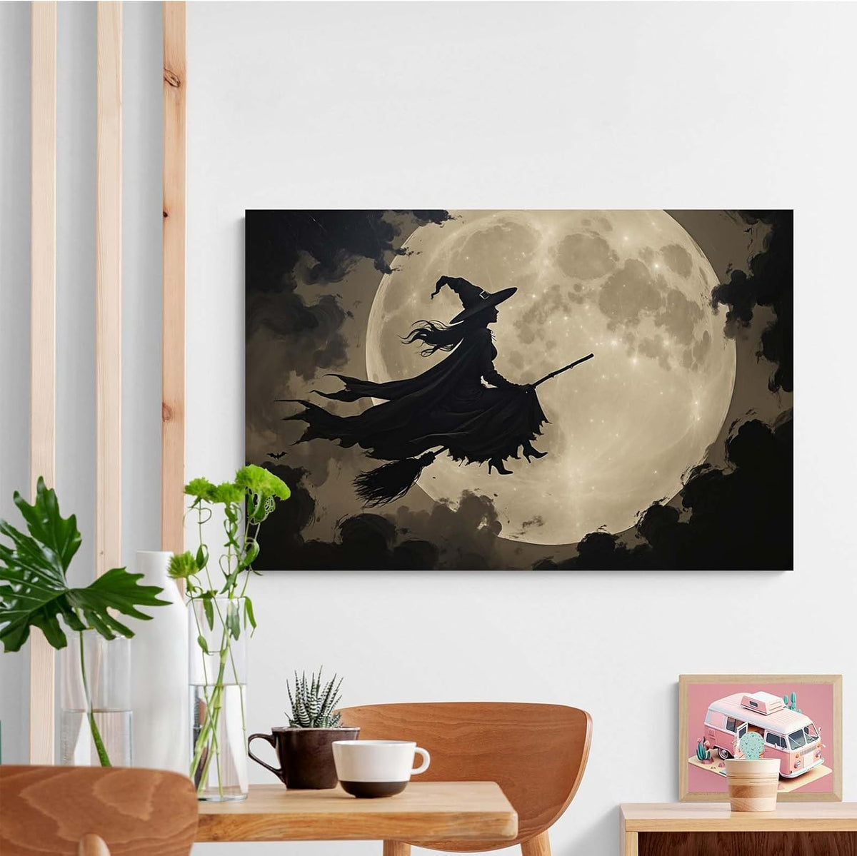 JFHCQJPK Full moon witch silhouette poster witch on magic broom Halloween mural poster decorative mural art suitable for home living room bedroom32x48in Frameless