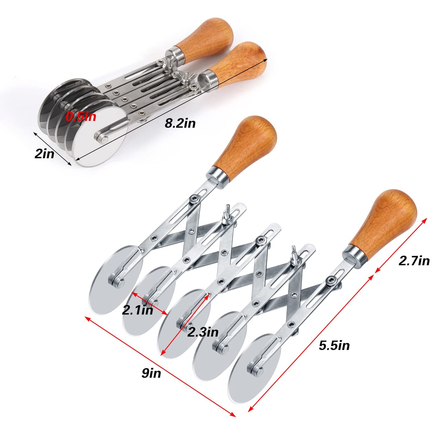Juome 5 Wheel Pastry Cutter with Wooden Handle, Multi-Round Wheel Pasta Dough Cutter Roller Pizza Slicer Accordion Pastry Knife Divider Tool