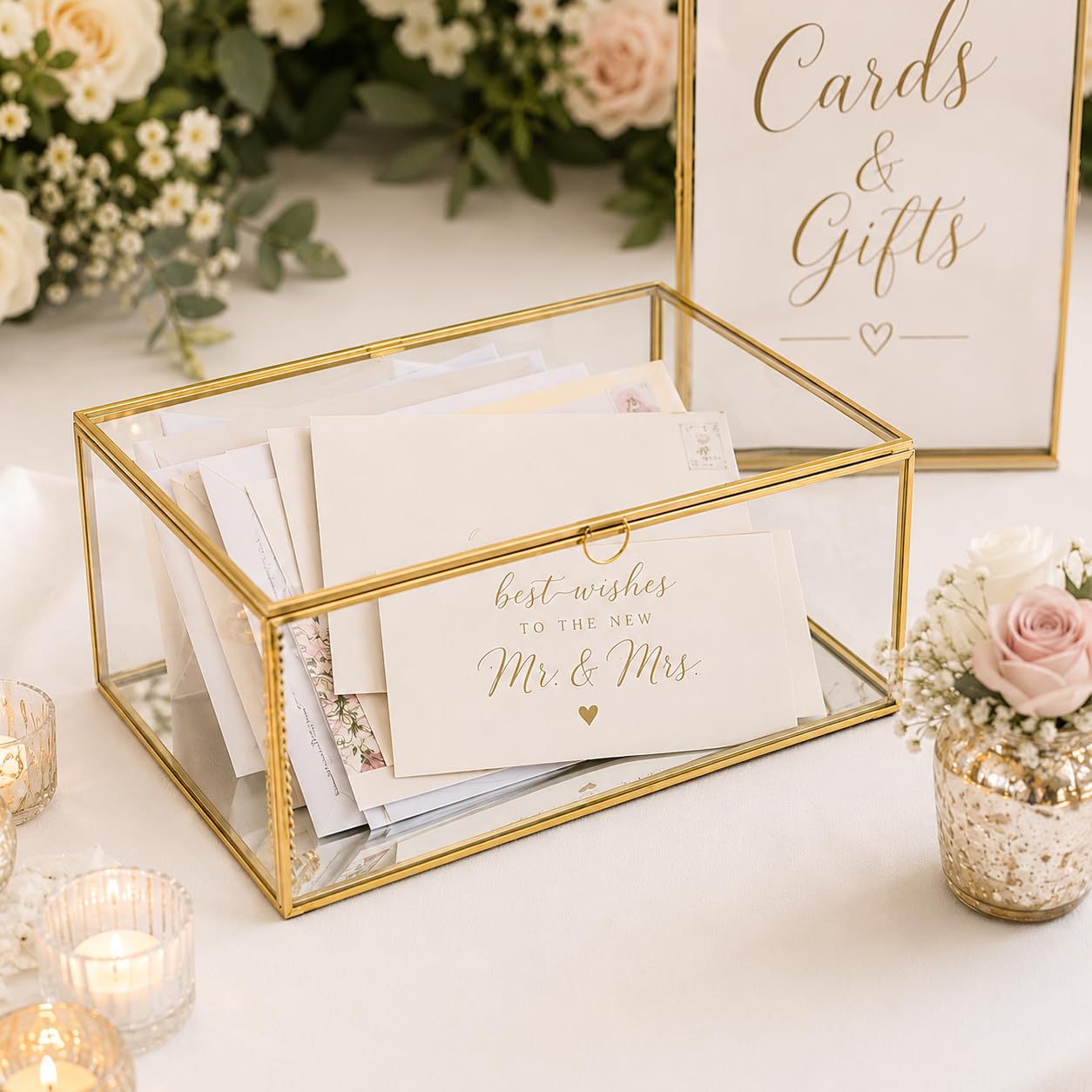 Feyarl Gold Glass Wedding Cards Display Box Keepsake Memory Photo Box Jewelry Trinket Rings Earrings Organizer Display Makeup Holder for Home Decor Wedding Engagement (10.8 x 7 x 3.9inch)