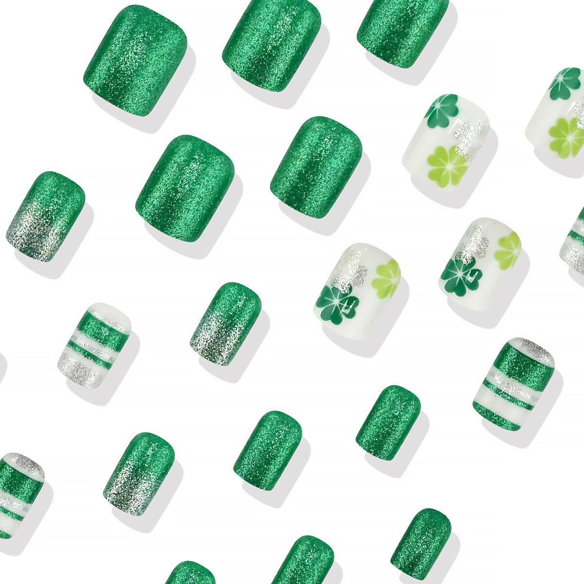 24Pcs St. Patrick's Day Press on Nails Short Square Fake Nails Green Shamrock False Nails with Glitter Line Design White Full Cover Artificial Glue on Nails Glossy Irish Stick on Nails for Women DIY