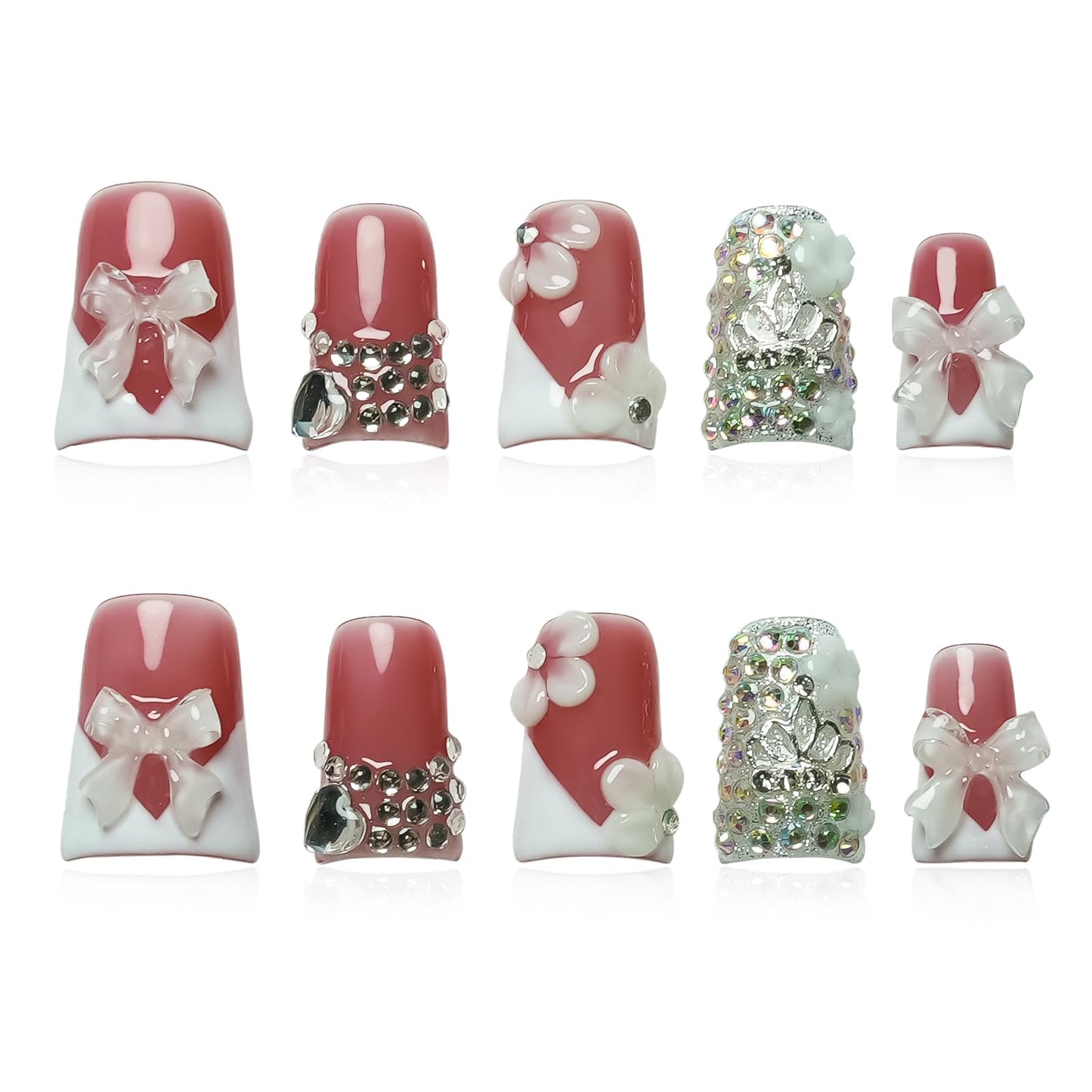 Tesytto Handmade Press on Nails Short Duck 3D White French Tip with V Design 3D Bow Flower Rhinestones Charms Nude Base Elegant Sturdy Art Pink 10 Pcs False Nails Set (Soft Pink Ivory Bow,M)