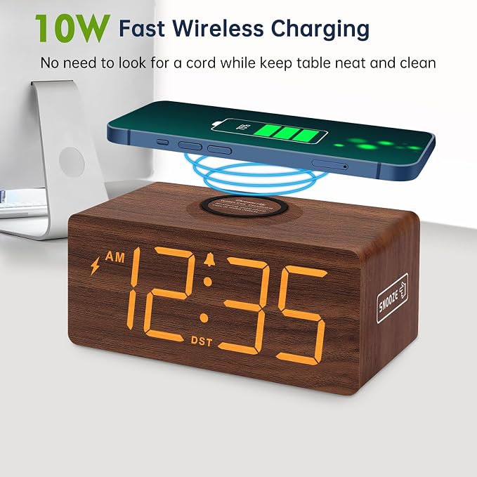 DreamSky Wooden Digital Alarm Clock with Wireless Charging for Bedroom
