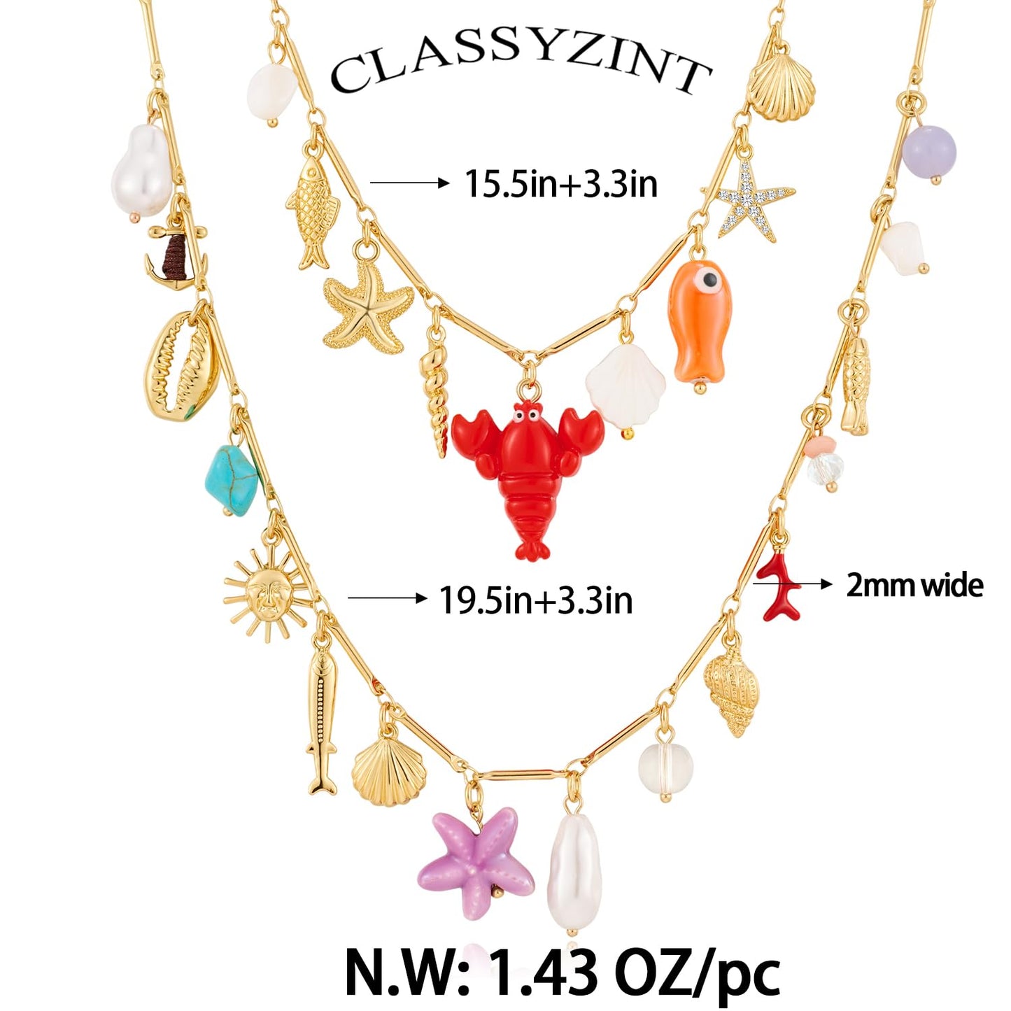 CLASSYZINT Layer Charm Necklace for Women Sea Shell Necklace Boho Shell Necklace Summer Starfish Shell Necklaces