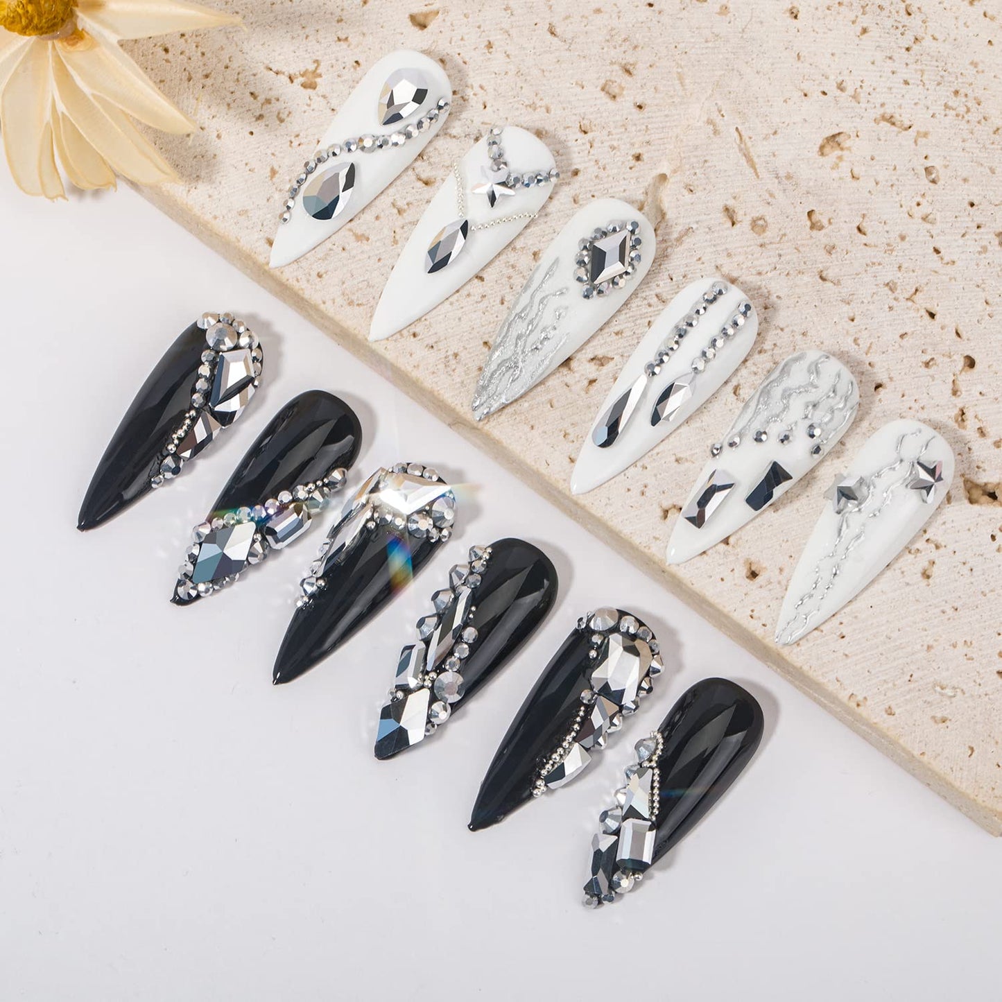 DZHILHMX Nail Rhinestones - 4300pcs Mine Silver, Multiple Shape Gems, Flat Back Rhinestones, with Kit and Glue Gel, for Nail Art