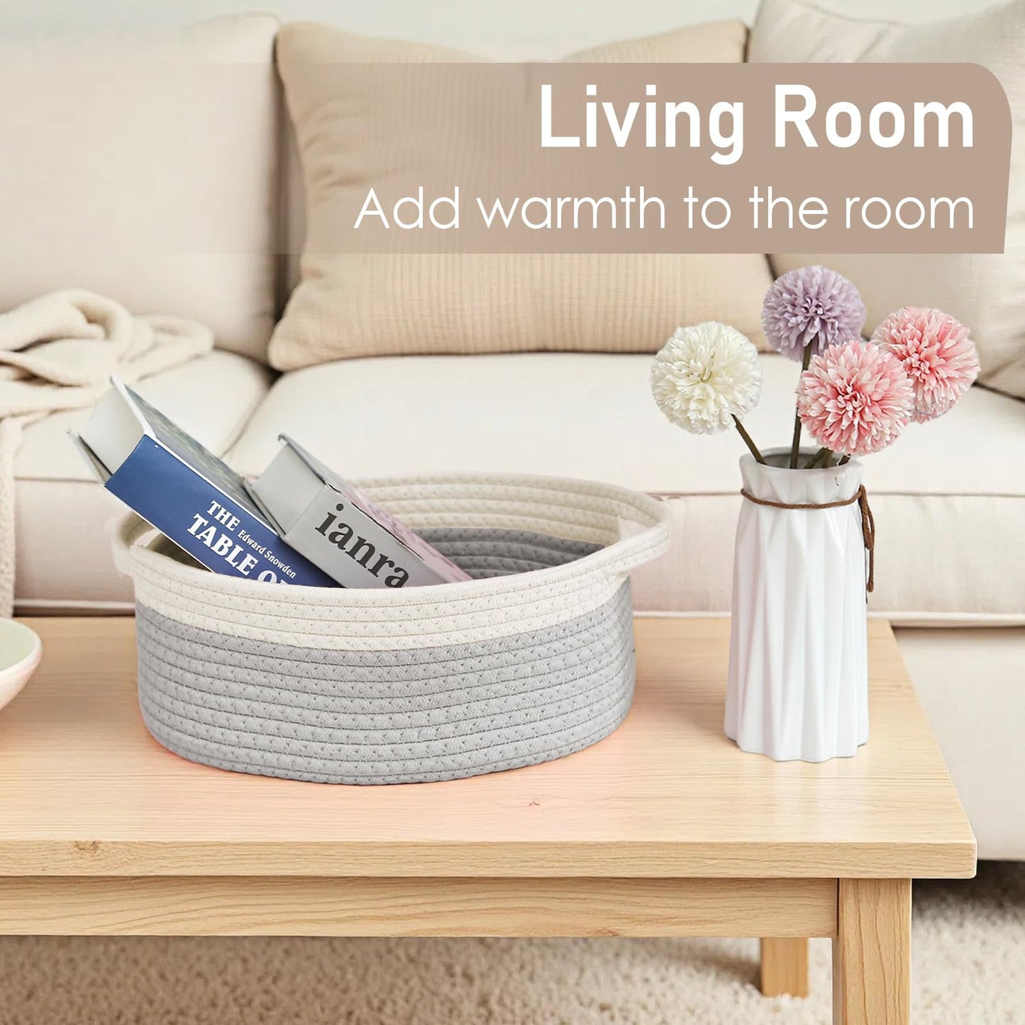 JMvicyroam Woven Basket,Small Rope Storage Bin with Handles & Ribbon Bag, Organizer for Shelves Closets,Gift Basket Empty for Birthday,Books,Dog Toys, White&Grey
