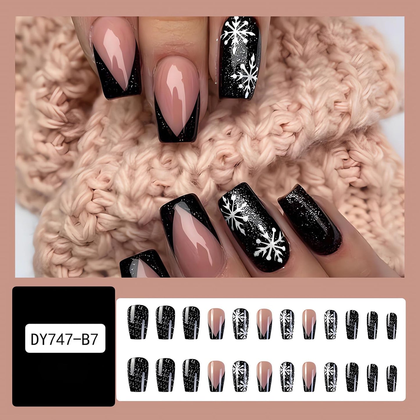 Black Christmas Press on Nails Winter Snowflake Fake Nails Medium Coffin Acrylic Glue on Nails with White Snowflake Glitters Designs Christmas Manicure False Nails for Women Nail Art Decoration 24Pcs