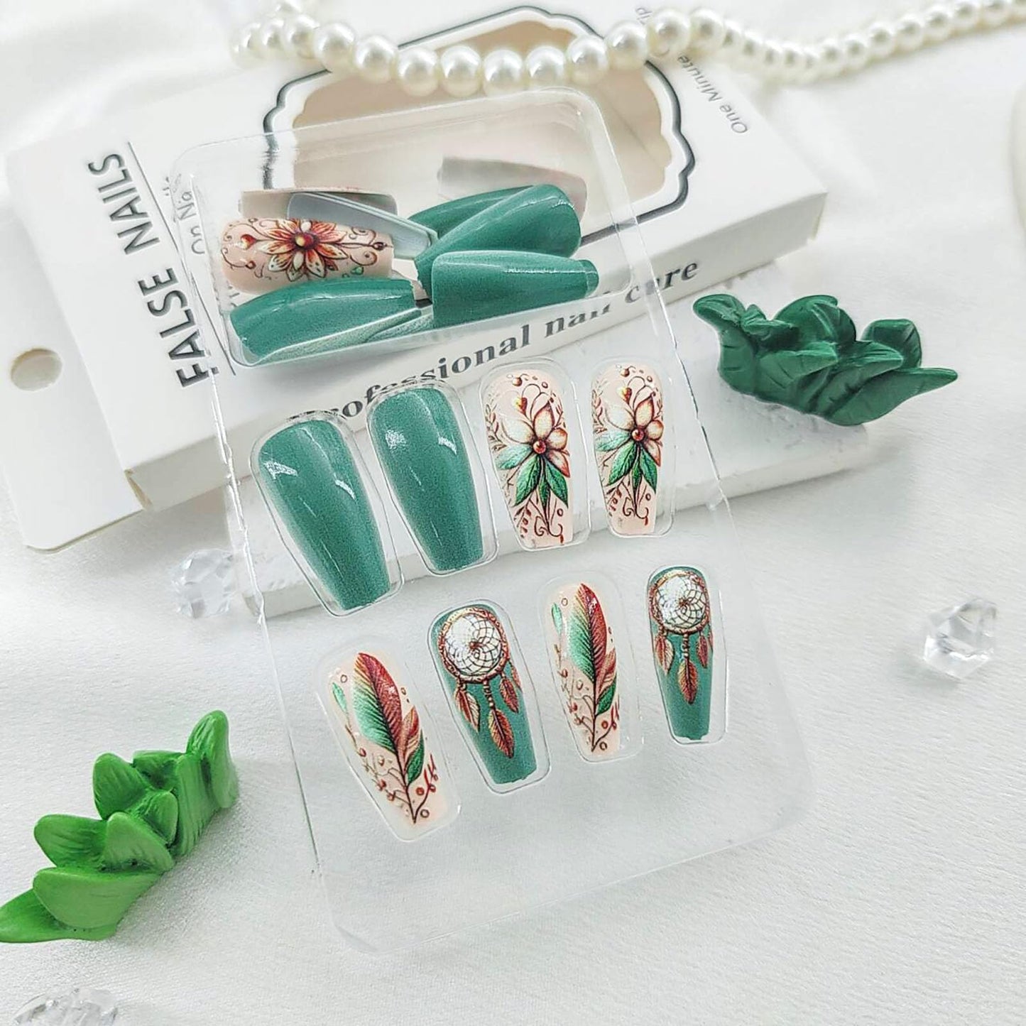 Green Press on Nails Coffin Medium Fake Nails with Butterfly Flower Designs Full Cover Nails Press ons Glossy Glue on Nails Cute False Nails Spring Acrylic Nails Summer Stick on Nails for Women 24Pcs