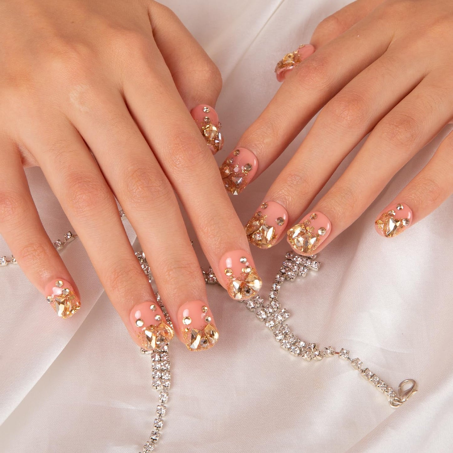 LOVFUL Press on Nails Stardust Gold Rhinestone | Handmade with Full Covered Crystals | Reusable Fake Nails | Square Short 0.8 in | H84-S