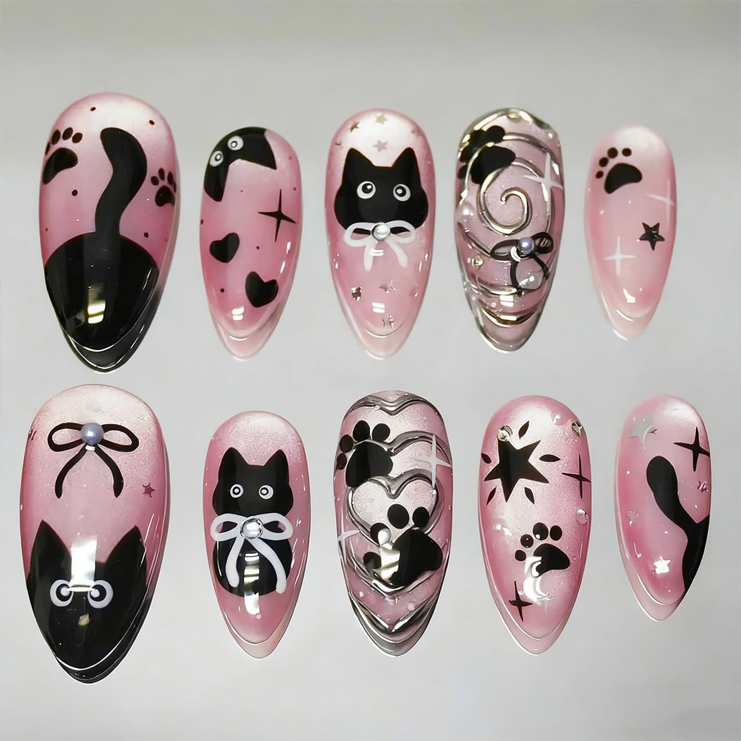 24Pcs Pink Glitter Press on Nails Medium Almond Fake Nails Cute Cat Black Bow Star False Nails with 3D Silvering Heart Vortex Gems Design Full Cover Glue on Nails Artificial Stick on Nail for Women