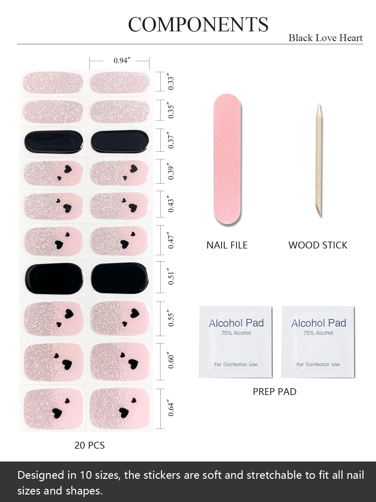 AutyaMee Semi Cured Gel Nail Strips (Black Love Heart), 20 Pcs Gel Nail Wraps, Stickers, UV Light Required, Salon Quality, Long Lasting, Valentines Day Gift